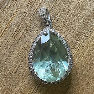 Green Quartz & White Topaz Teardrop Halo Pendant Necklace in Sterling Silver 925